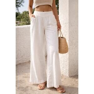 CATO Linen Blend Wide Leg Pants White Back Smocked Waist Resort Coastal Women L